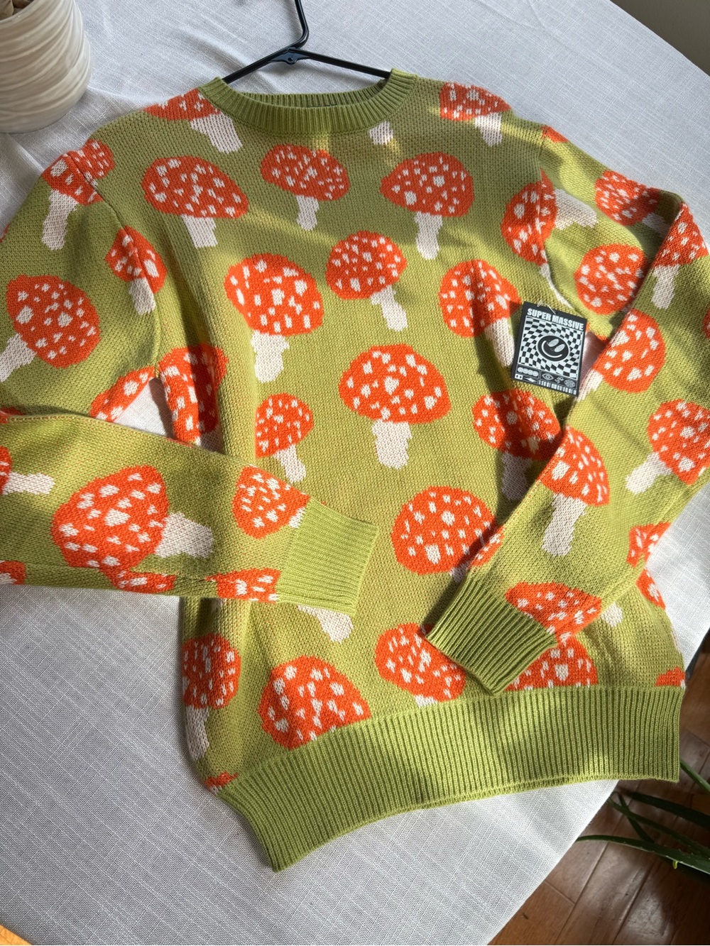 Mushroom Print Crewneck Sweater - Green & Orange